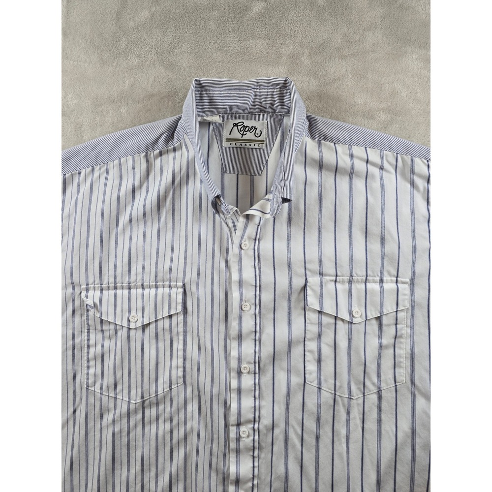 Vintage Roper Classic Shirt Mens XXL 18 36 Blue Striped Western Snap Made In USA